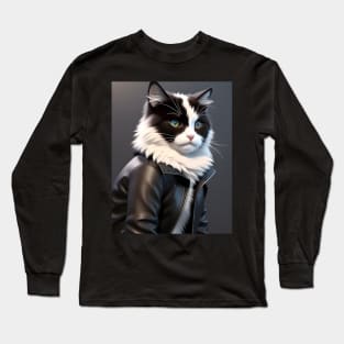 Cat in Leather Jacket - Modern Digital Art Long Sleeve T-Shirt